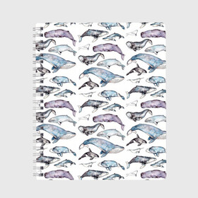 Тетрадь с принтом киты паттерн в Санкт-Петербурге, 100% бумага | 48 листов, плотность листов — 60 г/м2, плотность картонной обложки — 250 г/м2. Листы скреплены сбоку удобной пружинной спиралью. Уголки страниц и обложки скругленные. Цвет линий — светло-серый
 | Тематика изображения на принте: ocean | sea | sea animal | акварель | графика | касатка | киты | море | океан | рисунок кита