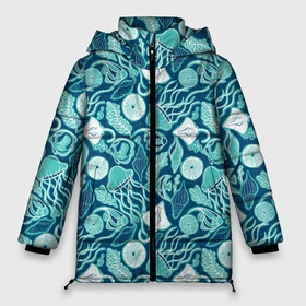 Женская зимняя куртка Oversize с принтом Скаты и медузы в Санкт-Петербурге, верх — 100% полиэстер; подкладка — 100% полиэстер; утеплитель — 100% полиэстер | длина ниже бедра, силуэт Оверсайз. Есть воротник-стойка, отстегивающийся капюшон и ветрозащитная планка. 

Боковые карманы с листочкой на кнопках и внутренний карман на молнии | водоросли | медузы | море | паттерны | ракушки | рыбы | электрический скат