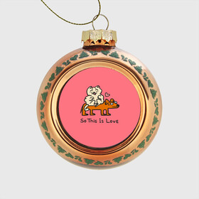 Стеклянный ёлочный шар с принтом собачка и котик в Санкт-Петербурге, Стекло | Диаметр: 80 мм | Тематика изображения на принте: животные | кот | любовь | милота | собака