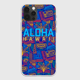 Чехол для iPhone 12 Pro с принтом ALOHA HAWAII | АЛОХА ГАВАЙИ в Санкт-Петербурге, силикон | область печати: задняя сторона чехла, без боковых панелей | Тематика изображения на принте: aloha | aloha hawaii | hawaii | гаваи | гавайи | гавайские маски | индийские маски | маска тики | маски | маски тики | надпись | пальмы | синий | тики