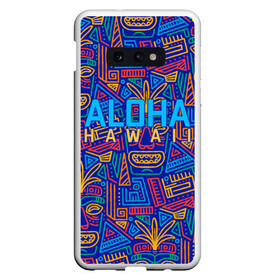 Чехол для Samsung S10E с принтом ALOHA HAWAII | АЛОХА ГАВАЙИ в Санкт-Петербурге, Силикон | Область печати: задняя сторона чехла, без боковых панелей | Тематика изображения на принте: aloha | aloha hawaii | hawaii | гаваи | гавайи | гавайские маски | индийские маски | маска тики | маски | маски тики | надпись | пальмы | синий | тики