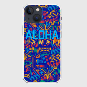 Чехол для iPhone 13 mini с принтом ALOHA HAWAII | АЛОХА ГАВАЙИ в Санкт-Петербурге,  |  | Тематика изображения на принте: aloha | aloha hawaii | hawaii | гаваи | гавайи | гавайские маски | индийские маски | маска тики | маски | маски тики | надпись | пальмы | синий | тики