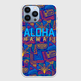 Чехол для iPhone 13 Pro Max с принтом ALOHA HAWAII | АЛОХА ГАВАЙИ в Санкт-Петербурге,  |  | aloha | aloha hawaii | hawaii | гаваи | гавайи | гавайские маски | индийские маски | маска тики | маски | маски тики | надпись | пальмы | синий | тики