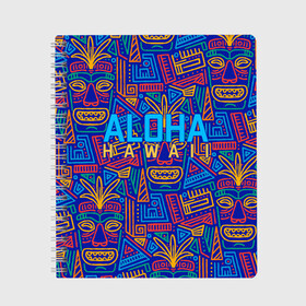 Тетрадь с принтом ALOHA HAWAII | АЛОХА ГАВАЙИ в Санкт-Петербурге, 100% бумага | 48 листов, плотность листов — 60 г/м2, плотность картонной обложки — 250 г/м2. Листы скреплены сбоку удобной пружинной спиралью. Уголки страниц и обложки скругленные. Цвет линий — светло-серый
 | aloha | aloha hawaii | hawaii | гаваи | гавайи | гавайские маски | индийские маски | маска тики | маски | маски тики | надпись | пальмы | синий | тики