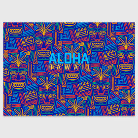 Поздравительная открытка с принтом ALOHA HAWAII | АЛОХА ГАВАЙИ в Санкт-Петербурге, 100% бумага | плотность бумаги 280 г/м2, матовая, на обратной стороне линовка и место для марки
 | Тематика изображения на принте: aloha | aloha hawaii | hawaii | гаваи | гавайи | гавайские маски | индийские маски | маска тики | маски | маски тики | надпись | пальмы | синий | тики