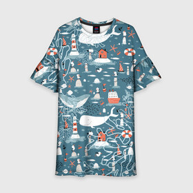 Детское платье 3D с принтом Море и его жители в Санкт-Петербурге, 100% полиэстер | прямой силуэт, чуть расширенный к низу. Круглая горловина, на рукавах — воланы | киты | кораллы | маяк | море | морская тема | морские символы | паттерн | чайка
