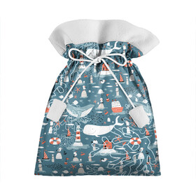 Подарочный 3D мешок с принтом Море и его жители в Санкт-Петербурге, 100% полиэстер | Размер: 29*39 см | Тематика изображения на принте: киты | кораллы | маяк | море | морская тема | морские символы | паттерн | чайка