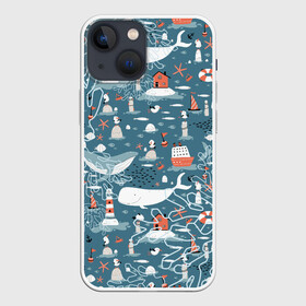 Чехол для iPhone 13 mini с принтом Море и его жители в Санкт-Петербурге,  |  | киты | кораллы | маяк | море | морская тема | морские символы | паттерн | чайка
