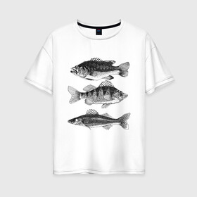 Женская футболка хлопок Oversize с принтом караси в Санкт-Петербурге, 100% хлопок | свободный крой, круглый ворот, спущенный рукав, длина до линии бедер
 | Тематика изображения на принте: ocean | sea | sea animal | графика | карась | море | океан | река | рисунок рыбы | рыба | рыбалка