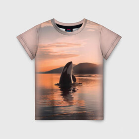 Детская футболка 3D с принтом касатки на закате в Санкт-Петербурге, 100% гипоаллергенный полиэфир | прямой крой, круглый вырез горловины, длина до линии бедер, чуть спущенное плечо, ткань немного тянется | Тематика изображения на принте: ocean | orca | sea | sea animal | дельфин | закат | касатка | кит | море | океан | рисунок кита