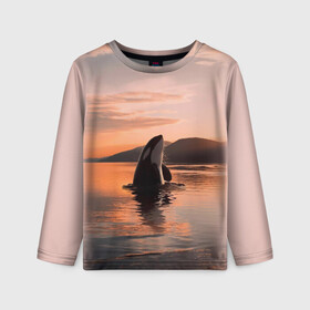Детский лонгслив 3D с принтом касатки на закате в Санкт-Петербурге, 100% полиэстер | длинные рукава, круглый вырез горловины, полуприлегающий силуэт
 | Тематика изображения на принте: ocean | orca | sea | sea animal | дельфин | закат | касатка | кит | море | океан | рисунок кита