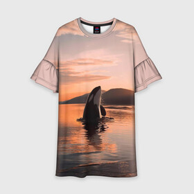Детское платье 3D с принтом касатки на закате в Санкт-Петербурге, 100% полиэстер | прямой силуэт, чуть расширенный к низу. Круглая горловина, на рукавах — воланы | Тематика изображения на принте: ocean | orca | sea | sea animal | дельфин | закат | касатка | кит | море | океан | рисунок кита