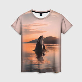 Женская футболка 3D с принтом касатки на закате в Санкт-Петербурге, 100% полиэфир ( синтетическое хлопкоподобное полотно) | прямой крой, круглый вырез горловины, длина до линии бедер | ocean | orca | sea | sea animal | дельфин | закат | касатка | кит | море | океан | рисунок кита