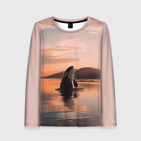 Женский лонгслив 3D с принтом касатки на закате в Санкт-Петербурге, 100% полиэстер | длинные рукава, круглый вырез горловины, полуприлегающий силуэт | ocean | orca | sea | sea animal | дельфин | закат | касатка | кит | море | океан | рисунок кита