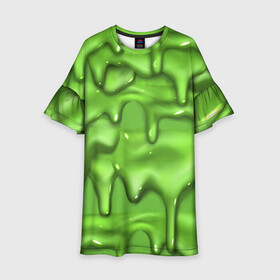 Детское платье 3D с принтом Green Slime в Санкт-Петербурге, 100% полиэстер | прямой силуэт, чуть расширенный к низу. Круглая горловина, на рукавах — воланы | Тематика изображения на принте: drips | green | slime | желе | зелёный | слайм