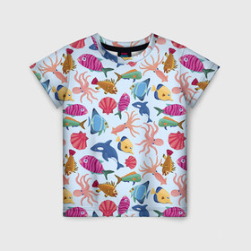 Детская футболка 3D с принтом Подводные существа в Санкт-Петербурге, 100% гипоаллергенный полиэфир | прямой крой, круглый вырез горловины, длина до линии бедер, чуть спущенное плечо, ткань немного тянется | дельфины | кальмары | морские животные | морские обитатели | осьминоги | ракушки | рыбы