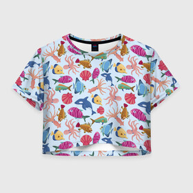 Женская футболка Crop-top 3D с принтом Подводные существа в Санкт-Петербурге, 100% полиэстер | круглая горловина, длина футболки до линии талии, рукава с отворотами | дельфины | кальмары | морские животные | морские обитатели | осьминоги | ракушки | рыбы