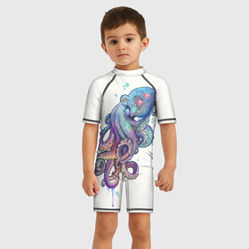 Детский купальный костюм 3D с принтом Осьминог яркий в Санкт-Петербурге, Полиэстер 85%, Спандекс 15% | застежка на молнии на спине | Тематика изображения на принте: морские животные | морские обитатели | осьминог | осьминог яркий