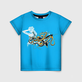 Детская футболка 3D с принтом Морская абстракция в Санкт-Петербурге, 100% гипоаллергенный полиэфир | прямой крой, круглый вырез горловины, длина до линии бедер, чуть спущенное плечо, ткань немного тянется | девушка | дельфин | медуза | медузы | морские животные | морские обитатели | осьминог