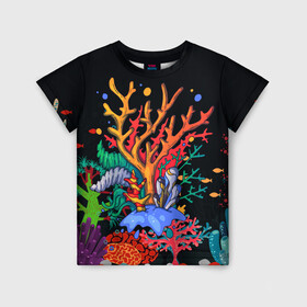 Детская футболка 3D с принтом Морской пейзаж в Санкт-Петербурге, 100% гипоаллергенный полиэфир | прямой крой, круглый вырез горловины, длина до линии бедер, чуть спущенное плечо, ткань немного тянется | кораллы | море | морская тема | морские символы | морской пейзаж | ракушка | рыбы