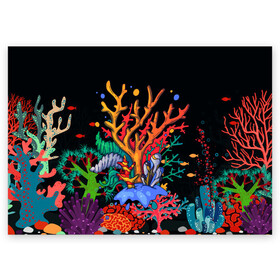 Поздравительная открытка с принтом Морской пейзаж в Санкт-Петербурге, 100% бумага | плотность бумаги 280 г/м2, матовая, на обратной стороне линовка и место для марки
 | Тематика изображения на принте: кораллы | море | морская тема | морские символы | морской пейзаж | ракушка | рыбы