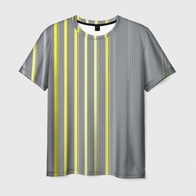 Мужская футболка 3D с принтом Желтые и серые полосы в Санкт-Петербурге, 100% полиэфир | прямой крой, круглый вырез горловины, длина до линии бедер | gray | stripes | yellow | желтые | полосы | серые