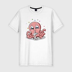 Мужская футболка хлопок Slim с принтом Милый Осьминог в Санкт-Петербурге, 92% хлопок, 8% лайкра | приталенный силуэт, круглый вырез ворота, длина до линии бедра, короткий рукав | cute | octopus | милый | осьминог | осьминожка | тентакли
