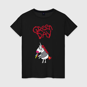 Женская футболка хлопок с принтом Green Day Unicorn в Санкт-Петербурге, 100% хлопок | прямой крой, круглый вырез горловины, длина до линии бедер, слегка спущенное плечо | billie joe armstrong | green day | punk | rock | unicorn | билли джо | грин дей | панк | рок