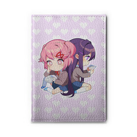 Обложка для автодокументов с принтом Chibi Natsuki and Yuri в Санкт-Петербурге, натуральная кожа |  размер 19,9*13 см; внутри 4 больших “конверта” для документов и один маленький отдел — туда идеально встанут права | ddlc | doki doki literature club | natsuki | yuri | натсуки | нацуки | юри