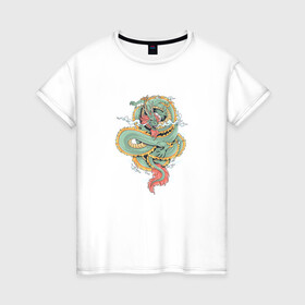 Женская футболка хлопок с принтом Дракон в Санкт-Петербурге, 100% хлопок | прямой крой, круглый вырез горловины, длина до линии бедер, слегка спущенное плечо | dragon | дракон | драконами | драконом | дракоша | иероглиф | мифология