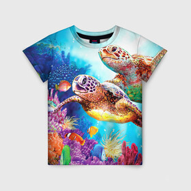 Детская футболка 3D с принтом Морские черепахи в Санкт-Петербурге, 100% гипоаллергенный полиэфир | прямой крой, круглый вырез горловины, длина до линии бедер, чуть спущенное плечо, ткань немного тянется | коралловые | море | морские | океан | подводный мир | рифы | рыбки | рыбы | черепахи