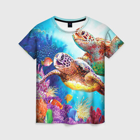 Женская футболка 3D с принтом Морские черепахи в Санкт-Петербурге, 100% полиэфир ( синтетическое хлопкоподобное полотно) | прямой крой, круглый вырез горловины, длина до линии бедер | Тематика изображения на принте: коралловые | море | морские | океан | подводный мир | рифы | рыбки | рыбы | черепахи