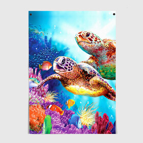 Постер с принтом Морские черепахи в Санкт-Петербурге, 100% бумага
 | бумага, плотность 150 мг. Матовая, но за счет высокого коэффициента гладкости имеет небольшой блеск и дает на свету блики, но в отличии от глянцевой бумаги не покрыта лаком | коралловые | море | морские | океан | подводный мир | рифы | рыбки | рыбы | черепахи