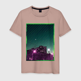 Мужская футболка хлопок с принтом Ночной город в Санкт-Петербурге, 100% хлопок | прямой крой, круглый вырез горловины, длина до линии бедер, слегка спущенное плечо. | city | light | moon | neon | night | stripes | город | месяц | неон | ночь | полосы | фонари
