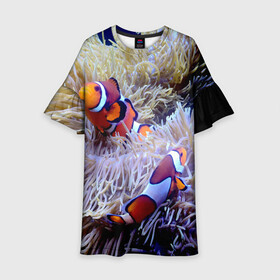 Детское платье 3D с принтом Клоуны в актинии в Санкт-Петербурге, 100% полиэстер | прямой силуэт, чуть расширенный к низу. Круглая горловина, на рукавах — воланы | Тематика изображения на принте: актиния | клоуны | коралловые | море | подводный мир | рыбки