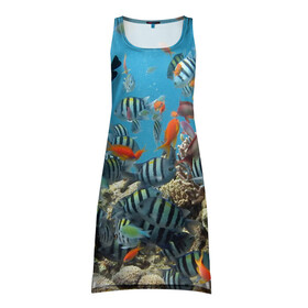 Платье-майка 3D с принтом Коралловые рыбки в Санкт-Петербурге, 100% полиэстер | полуприлегающий силуэт, широкие бретели, круглый вырез горловины, удлиненный подол сзади. | коралловые | кораллы | море | подводный мир | рыбки
