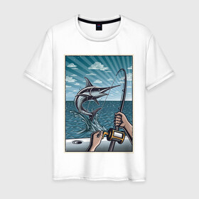 Мужская футболка хлопок с принтом рыбалка в Санкт-Петербурге, 100% хлопок | прямой крой, круглый вырез горловины, длина до линии бедер, слегка спущенное плечо. | море | океан | рыба | рыбаки | рыбылка | спининг | удочка
