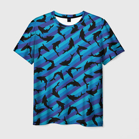 Мужская футболка 3D с принтом Черные акулы паттерн в Санкт-Петербурге, 100% полиэфир | прямой крой, круглый вырез горловины, длина до линии бедер | black | shark | акула | акулы | жители | клыки | море | морские | океан | паттерн | рыба | черные