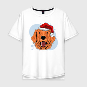Мужская футболка хлопок Oversize с принтом Рождественский пёс в Санкт-Петербурге, 100% хлопок | свободный крой, круглый ворот, “спинка” длиннее передней части | животные | новый год | праздник | рождество | собака