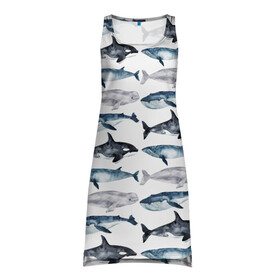 Платье-майка 3D с принтом киты в Санкт-Петербурге, 100% полиэстер | полуприлегающий силуэт, широкие бретели, круглый вырез горловины, удлиненный подол сзади. | ocean | sea | касатки | киты | море | морские мотивы | морской принт | морской фон | океан | паттерн | рыбы | текстуры