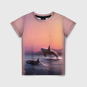 Детская футболка 3D с принтом касатки в Санкт-Петербурге, 100% гипоаллергенный полиэфир | прямой крой, круглый вырез горловины, длина до линии бедер, чуть спущенное плечо, ткань немного тянется | Тематика изображения на принте: ocean | orca | sea | sea animal | дельфин | закат | касатка | кит | море | океан | рисунок кита