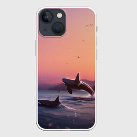 Чехол для iPhone 13 mini с принтом касатки в Санкт-Петербурге,  |  | ocean | orca | sea | sea animal | дельфин | закат | касатка | кит | море | океан | рисунок кита