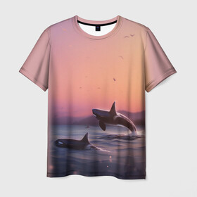 Мужская футболка 3D с принтом касатки в Санкт-Петербурге, 100% полиэфир | прямой крой, круглый вырез горловины, длина до линии бедер | Тематика изображения на принте: ocean | orca | sea | sea animal | дельфин | закат | касатка | кит | море | океан | рисунок кита