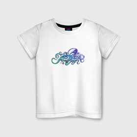 Детская футболка хлопок с принтом Осьминог в Санкт-Петербурге, 100% хлопок | круглый вырез горловины, полуприлегающий силуэт, длина до линии бедер | cute | kraken | octopus | живность | жители | кракен | милый | мир | морские | осьминог | осьминожка | подводный | тентакли