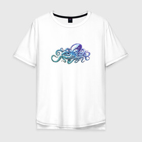 Мужская футболка хлопок Oversize с принтом Осьминог в Санкт-Петербурге, 100% хлопок | свободный крой, круглый ворот, “спинка” длиннее передней части | cute | kraken | octopus | живность | жители | кракен | милый | мир | морские | осьминог | осьминожка | подводный | тентакли