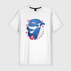 Мужская футболка хлопок Slim с принтом Два дельфина в Санкт-Петербурге, 92% хлопок, 8% лайкра | приталенный силуэт, круглый вырез ворота, длина до линии бедра, короткий рукав | cute | dolphin | love | два дельфина | дельфин | дельфинами | любовь | милый | мир | подводный