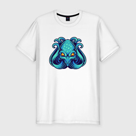 Мужская футболка хлопок Slim с принтом Голубой осьминог в Санкт-Петербурге, 92% хлопок, 8% лайкра | приталенный силуэт, круглый вырез ворота, длина до линии бедра, короткий рукав | cute | kraken | octopus | живность | жители | кракен | милый | мир | морские | осьминог | осьминожка | подводный | тентакли