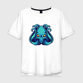 Мужская футболка хлопок Oversize с принтом Голубой осьминог в Санкт-Петербурге, 100% хлопок | свободный крой, круглый ворот, “спинка” длиннее передней части | cute | kraken | octopus | живность | жители | кракен | милый | мир | морские | осьминог | осьминожка | подводный | тентакли