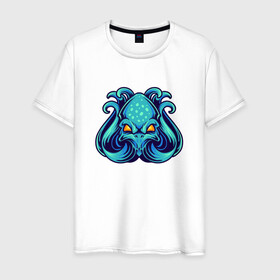 Мужская футболка хлопок с принтом Голубой осьминог в Санкт-Петербурге, 100% хлопок | прямой крой, круглый вырез горловины, длина до линии бедер, слегка спущенное плечо. | cute | kraken | octopus | живность | жители | кракен | милый | мир | морские | осьминог | осьминожка | подводный | тентакли
