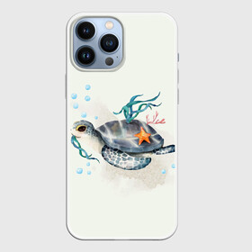 Чехол для iPhone 13 Pro Max с принтом черепашка в Санкт-Петербурге,  |  | ocean | sea | sea animal | акварель | водоросли | графика | море | океан | подводный мир | черепаха